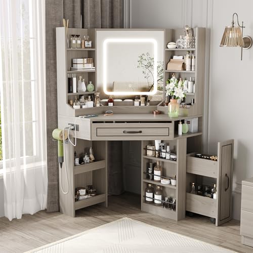 Makeup Vanity Desk, Corner Vanity Desk with HD LED Mirror, Lots Storage Shelves, 2 Drawers & Cabinets, Vanity with Charging Station