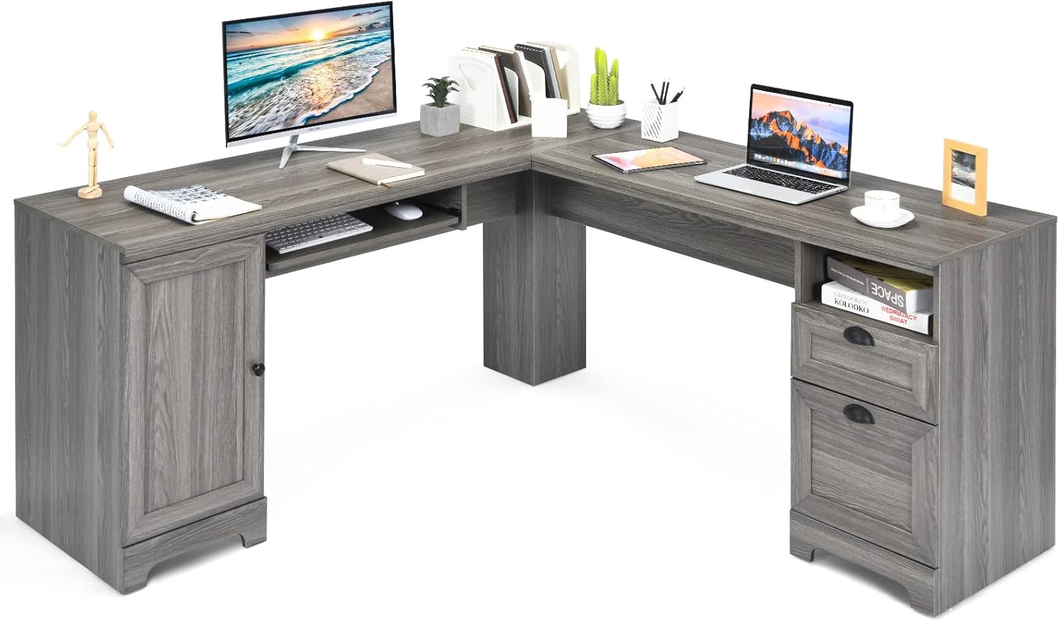 Tangkula L-Shaped Desk, 66 × 66 Corner Computer Desk with Drawers and Storage Cabinet, Home Office Desk, Space-Saving L Shape Executive Desk, Brown