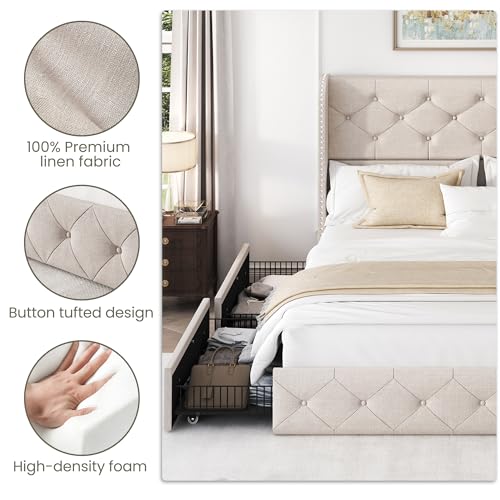 King Size Bed Frame with 4 Storage Drawers and Tufted Headboard Linen Upholstered Platform Bed Frame Wingback Beds with Wooden Slats Support