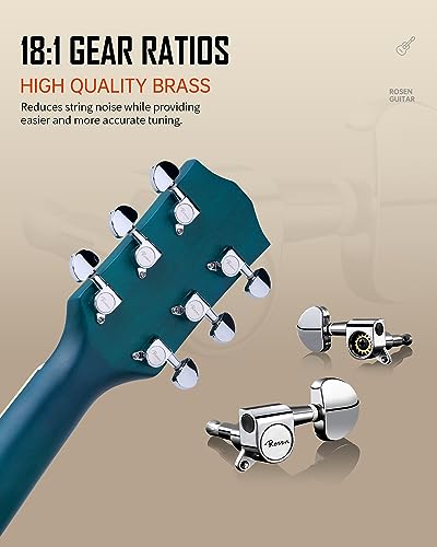 Rosen Solid Top Dreadnought Acoustic Guitar 41 Inches Spruce Guitar Beginner Bundle with Book, Padded Bag, Strings, Picks, Hexwrench, Strap