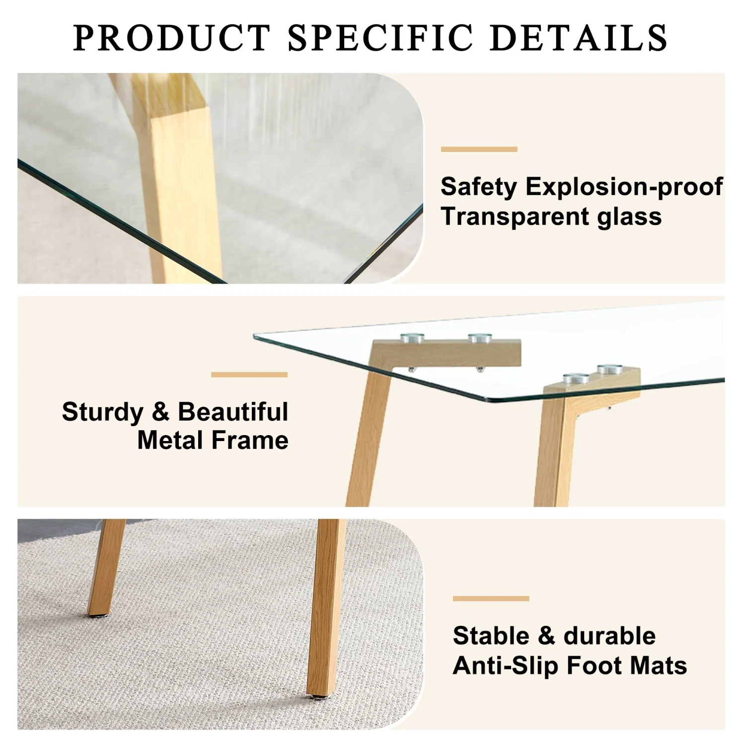 Holaki 1 Table and 4 Chairs Set. Glass Dining Table, 0.31 "Tempered Glass Tabletop and Wood Grain Metal Table Legs . Table Size: 47" W x 31"D x 30" H