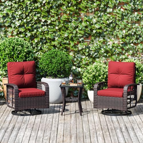 Aoxun 3 Pieces Patio Furniture Set, Patio Swivel Rocker Chairs Set of 2, Wicker Outdoor Bistro Set with Rocking Chair