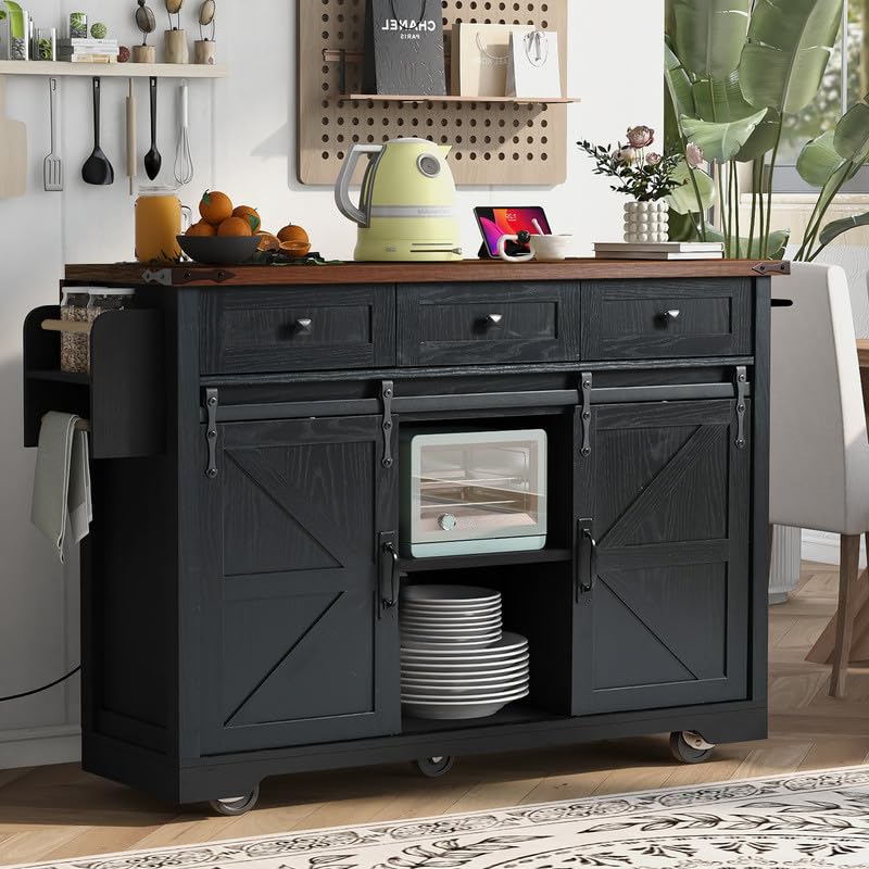 53.7" Farmhouse Kitchen Island with Power Outlet, 2 Sliding Barn Door Kitchen Storage Island with Drop Leaf