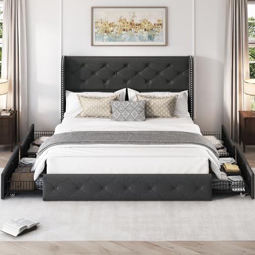 King Size Bed Frame with 4 Storage Drawers and Tufted Headboard Linen Upholstered Platform Bed Frame Wingback Beds with Wooden Slats Support