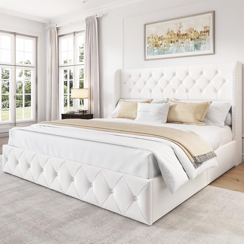 King Size Bed Frame with 4 Storage Drawers and Tufted Headboard Linen Upholstered Platform Bed Frame Wingback Beds with Wooden Slats Support