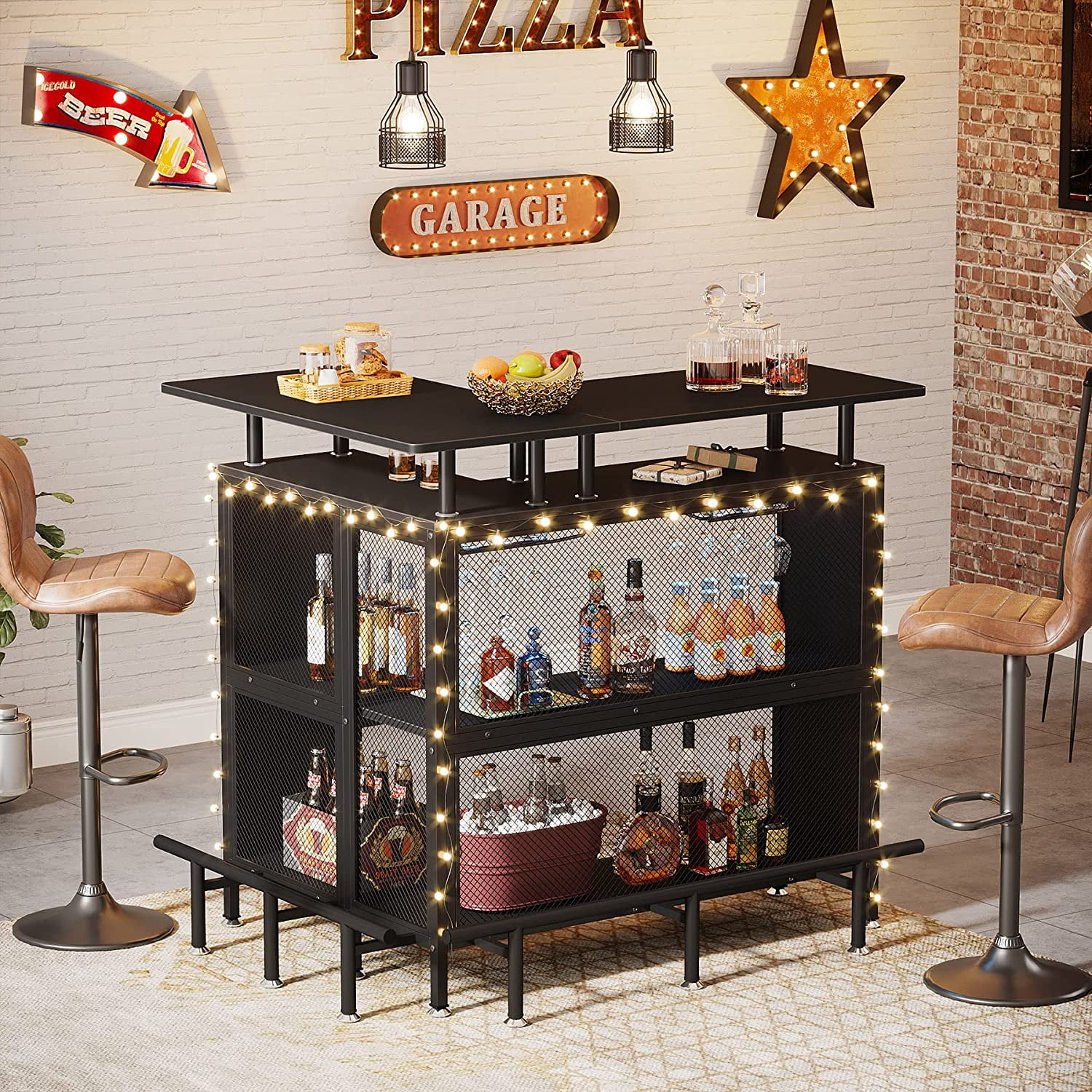 Tribesigns L-Shaped Home Bar Unit, Liquor Bar Table with 4 Stemware Racks and 2-Tier Shelves, Footrest for Home/Kitchen/Bar/Pub, Bar Table, Black