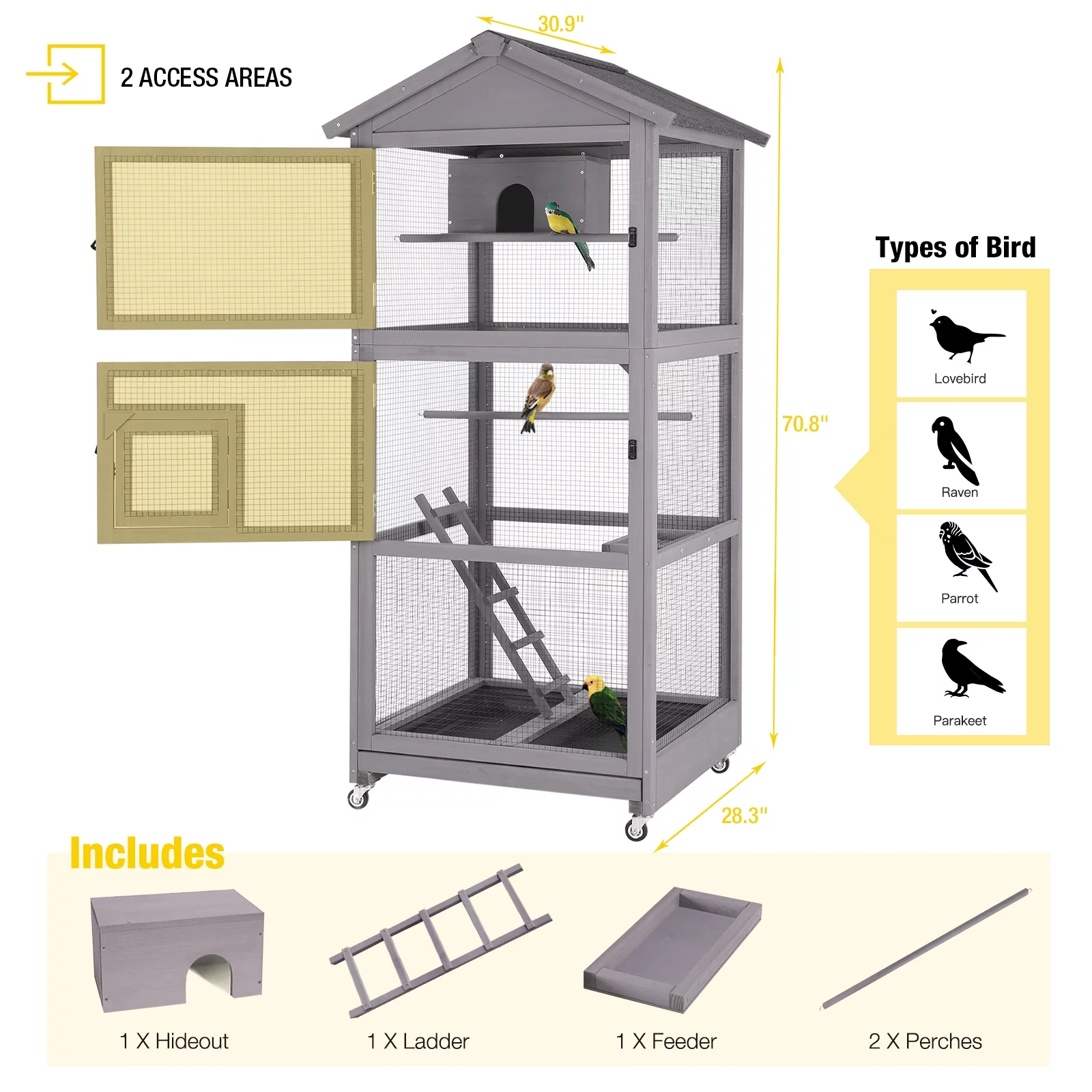 Morgete 71'' Large Wooden Birdcages with Stand, Movable Aviary Flight Cage for Parakeets, Cockatiel, Parrot, Finch, Canary