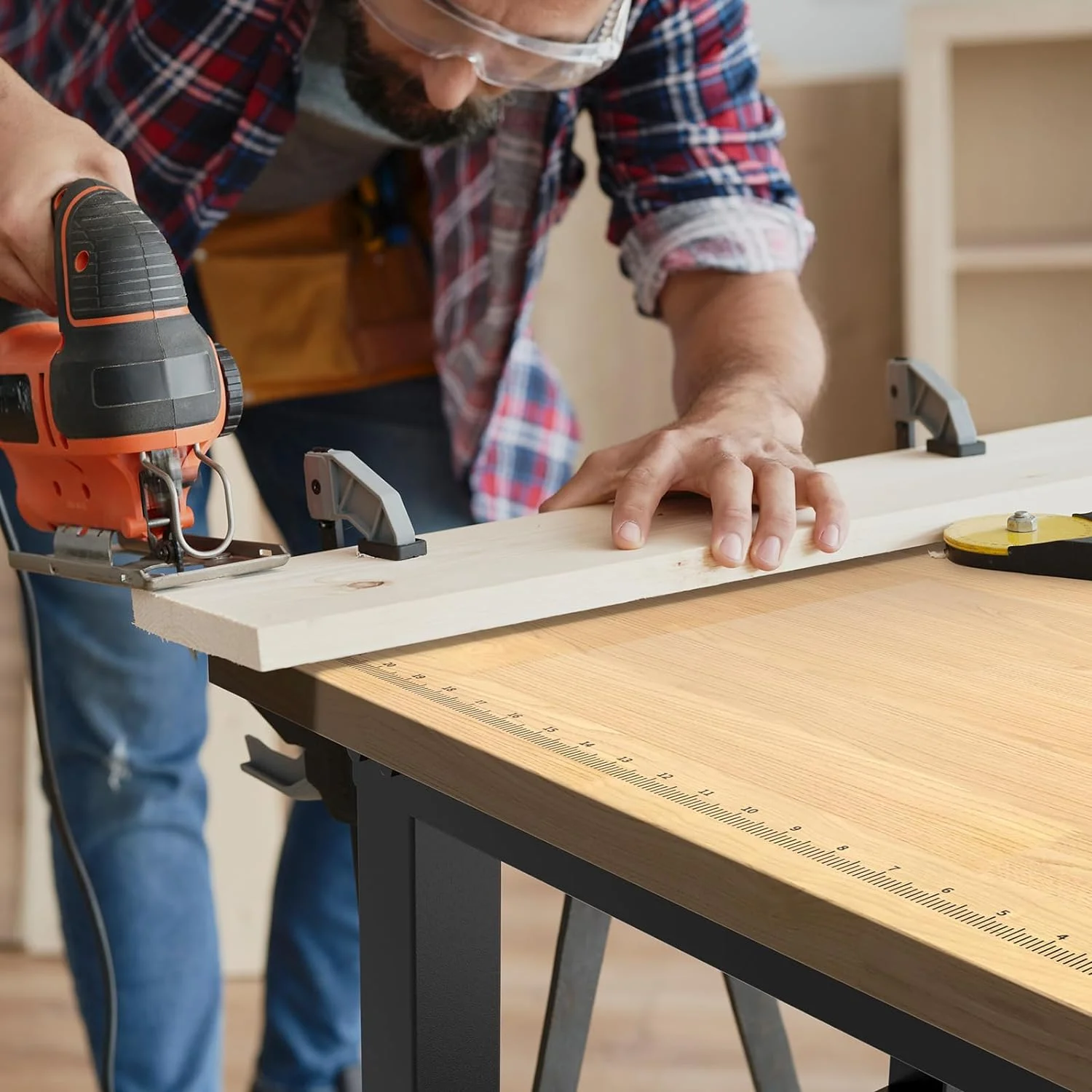 LARBANKE 48" Heavy-Duty Garage Workbench,Rubber Wood Workbench has Adjustable 5 Different Heights,Hardwood Worktable Weight Capacity Over 2000 Lbs