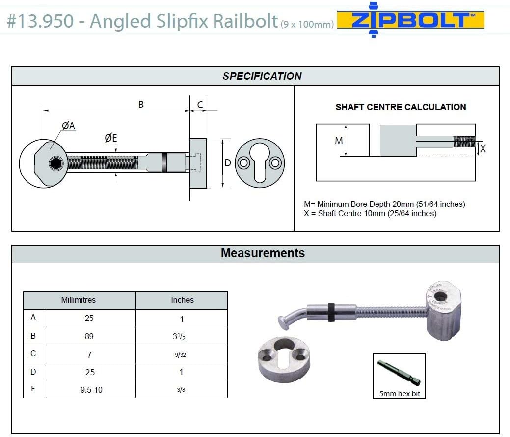Zipbolt 13.960 Angled Slipfix Railbolt - Angled Staircase Handrail or Banister to Newel Post Connector (Upper Connection) - 1 Pack