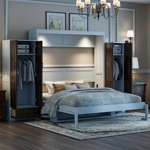 Queen Size Murphy Bed Wall Bed with Desk and Closet,Drawers and Shelves,for Small Spaces Studio Study Office Guest Room Use (Gray#Desk, Queen)