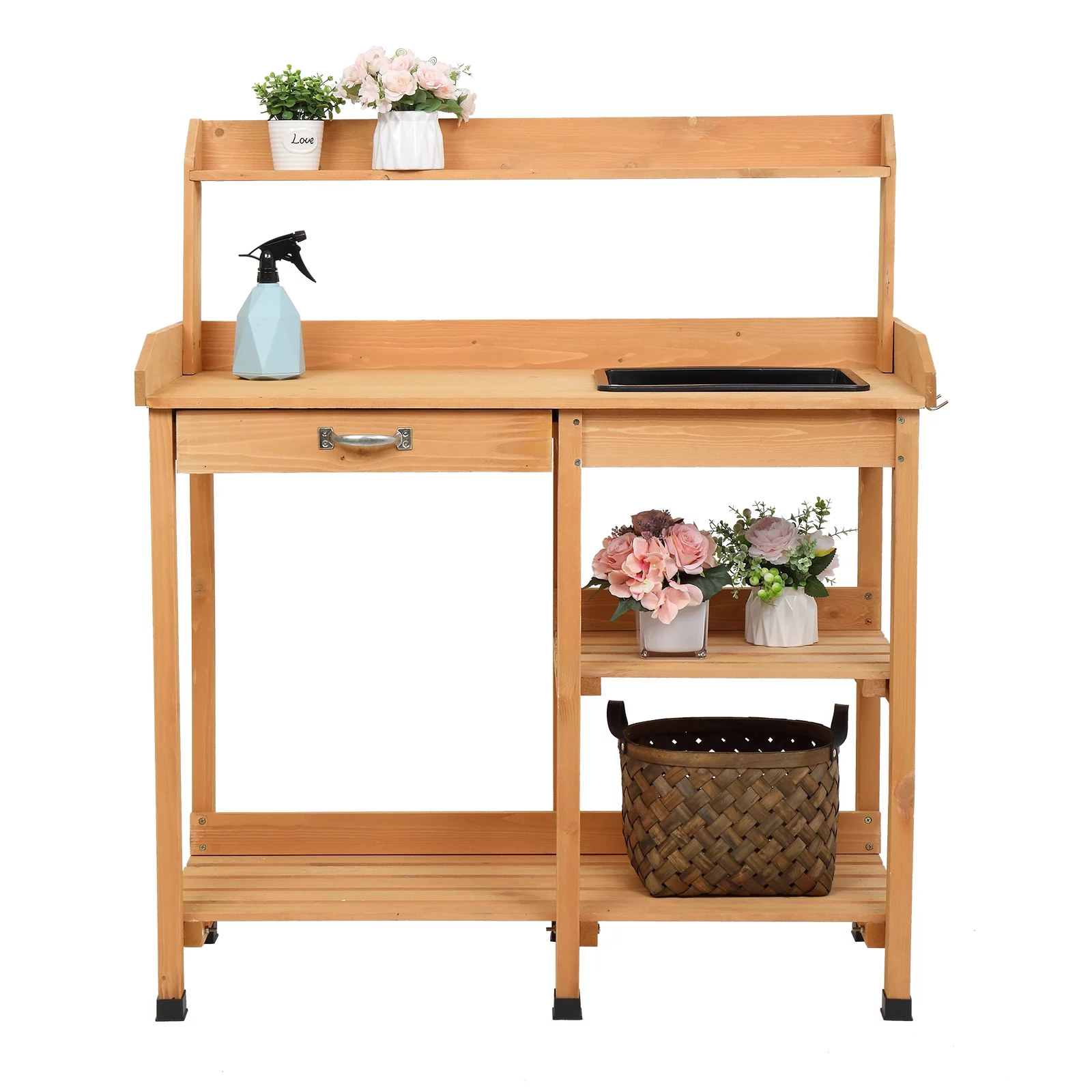 Wooden Potting Bench, Work Station Table, Outdoor Garden Potting Table with Sink, Hooks and Storage Shelf for Garden Supplies, Natural