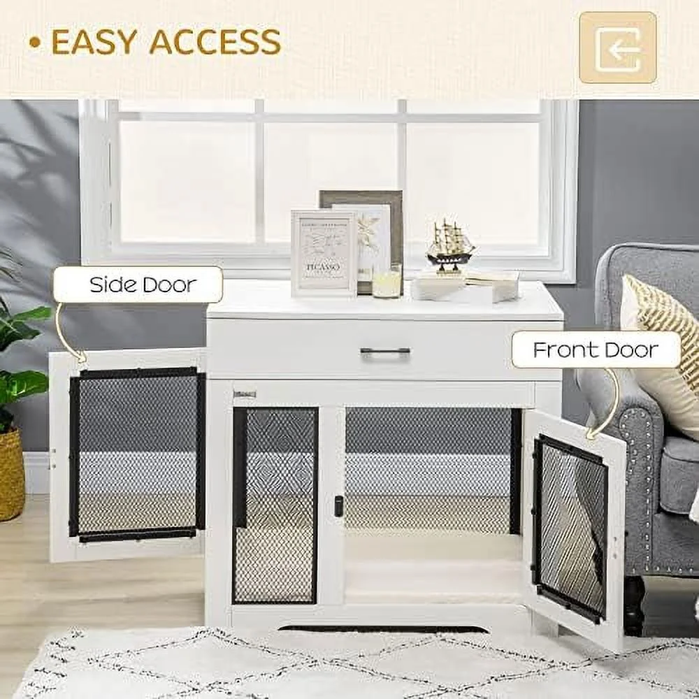 dog crate furniture with soft water-resistant cushion, dog crate end table with drawer, puppy crate for small dogs indoor with 2 doors, white