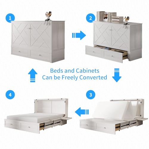 PUREMIND Queen Murphy Bed with Storage Drawers, Camas Con Colchon Incluido, Hideaway Chest Beds with Built-in Charging Station