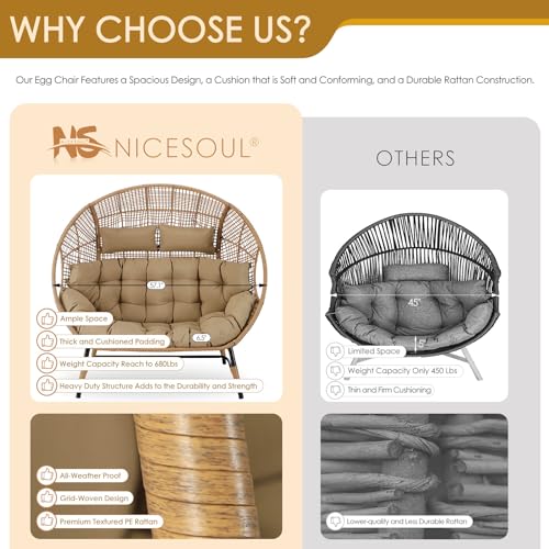 NICESOUL Stationary Egg Chair Indoor Outdoor Wicker Oversized Thick Cushions Egg Shaped Loveseat Chair