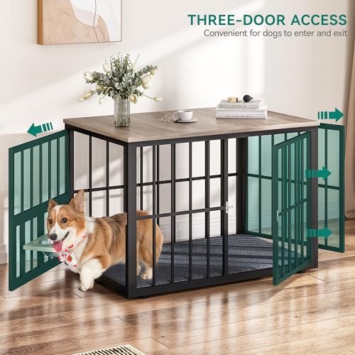 YITAHOME 88.6" Large Corner Dog Crate Furniture for 2 Dogs, Large Wooden Dog Kennel with Dog Bowls & 3 Doors