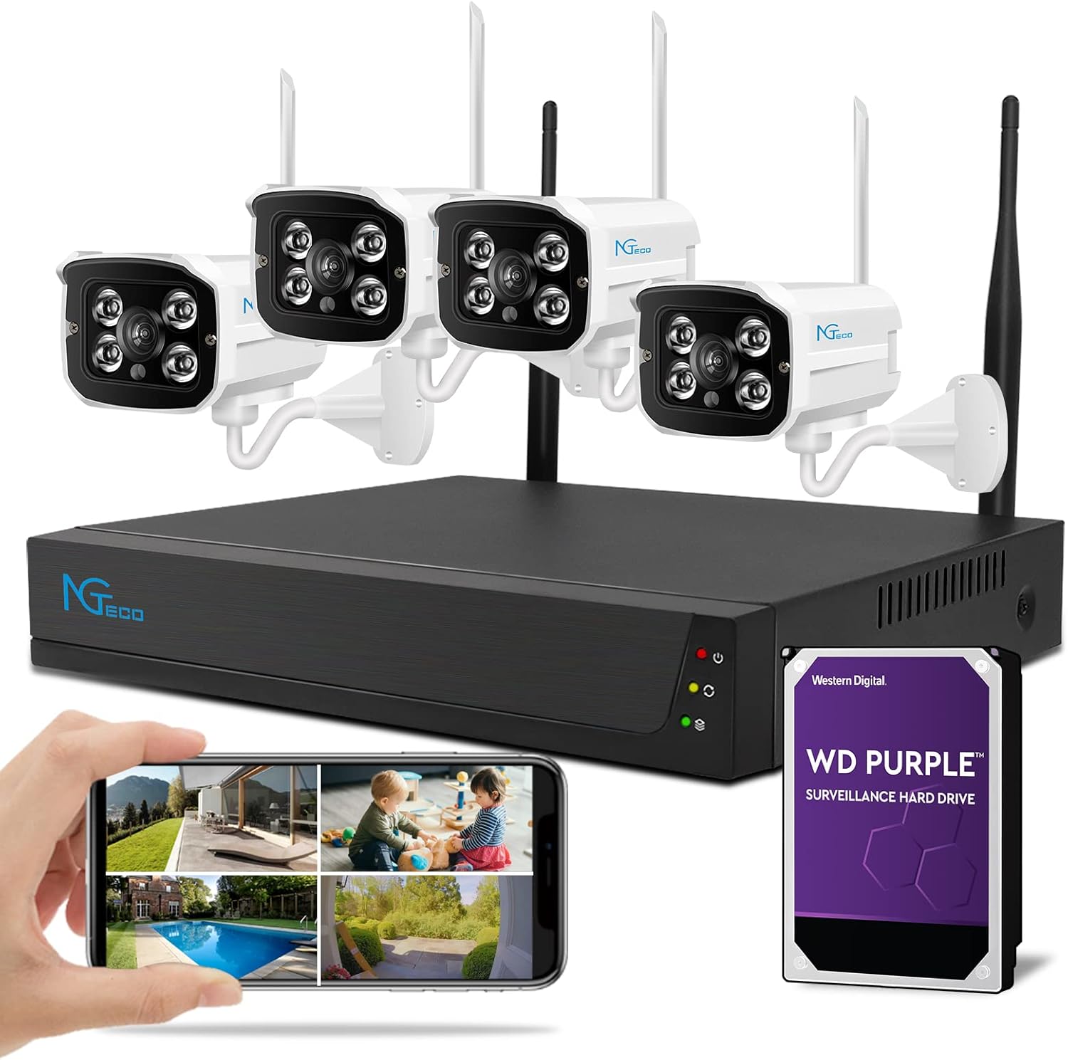 Wireless Security Camera System with 1TB Hard Drive/Two-Way Audio, NGTeco 4Pcs WiFi Video Surveillance Cameras