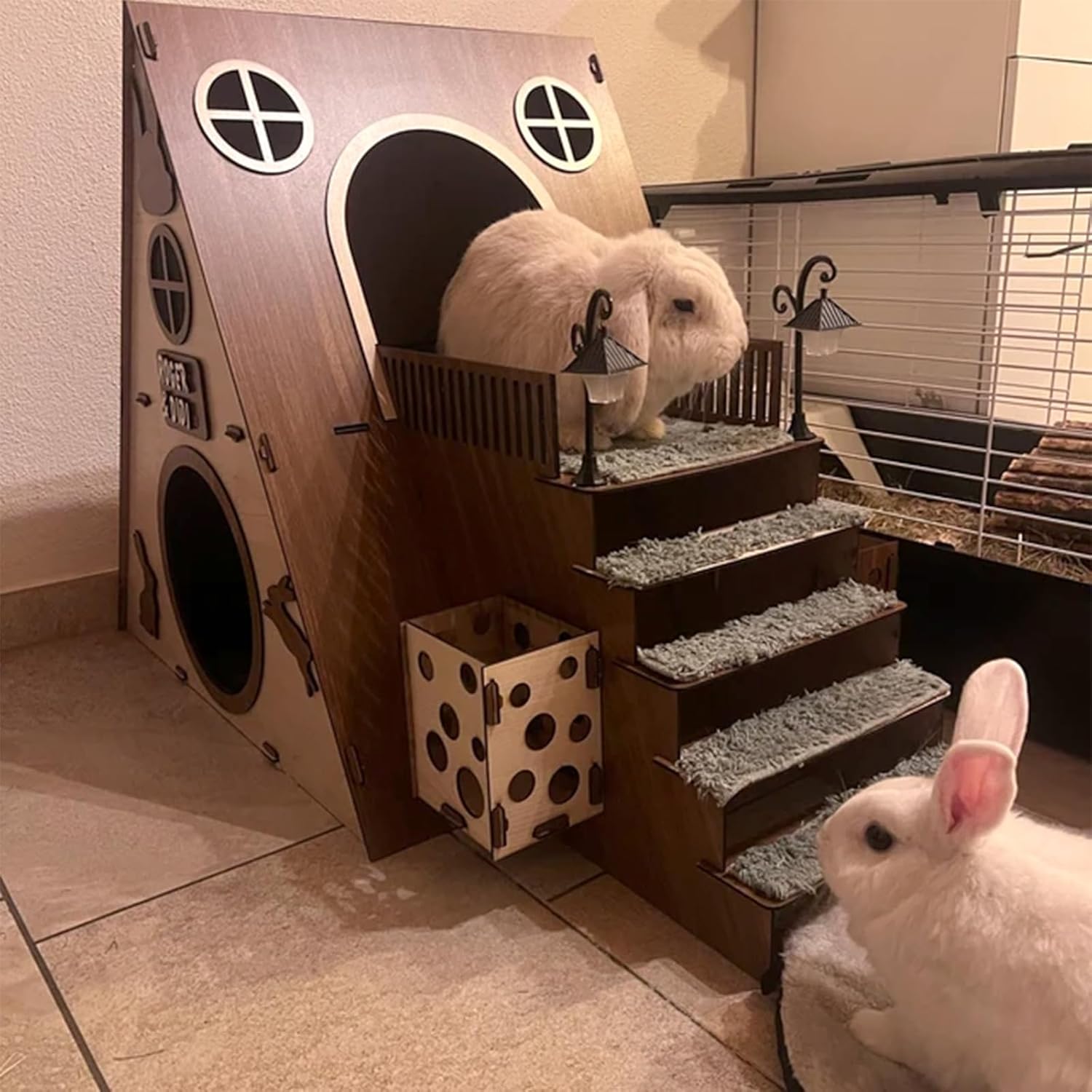 Large Modern Wooden Rabbit Castle House Hutch - Bunny Hideout Indoor Habitats - Pet 2-Story Home Furniture（Excluding street lights）