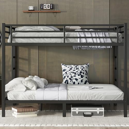 Heavy Duty Bunk Bed Frame with Ladder, Twin XL Over Twin XL Bunk Beds with Safety Guardrails, Adults Bunk Beds with Noise-Reducing Rubber Stoppers