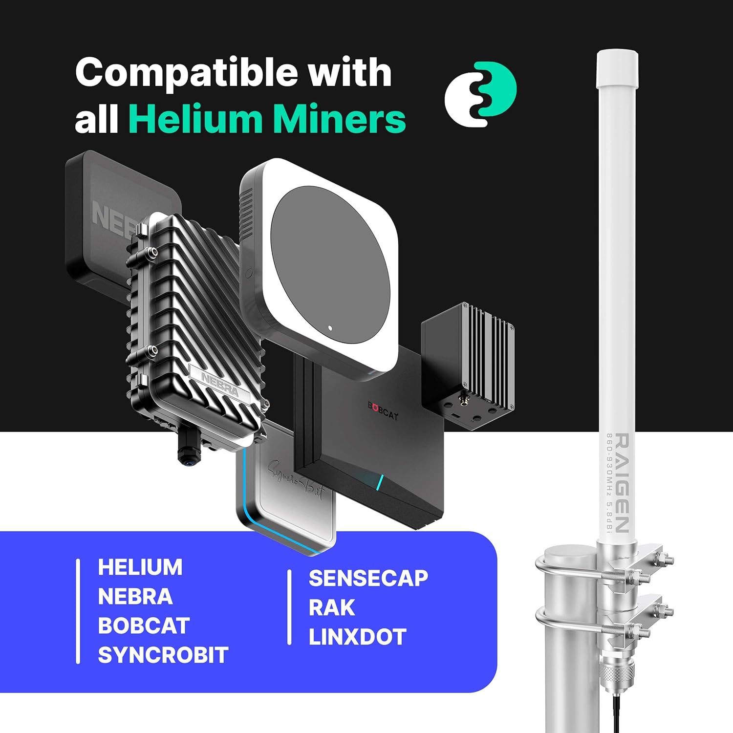 Helium Miner 5.8 dbi Antenna LoRa 915 MHz 20 Inch Tall Indoor Outdoor w/Updated Raigen 400 Low Loss Cable Omni-Directional HNT Hotspot for MNTD