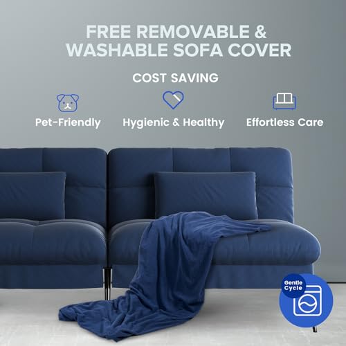 COMHOMA Convertible Futon Sofa Bed, 68″Fabric Futon Couch with Adjustable Backrest, Folding Futon Sleeper Recliner for Living Room Furniture (Black)