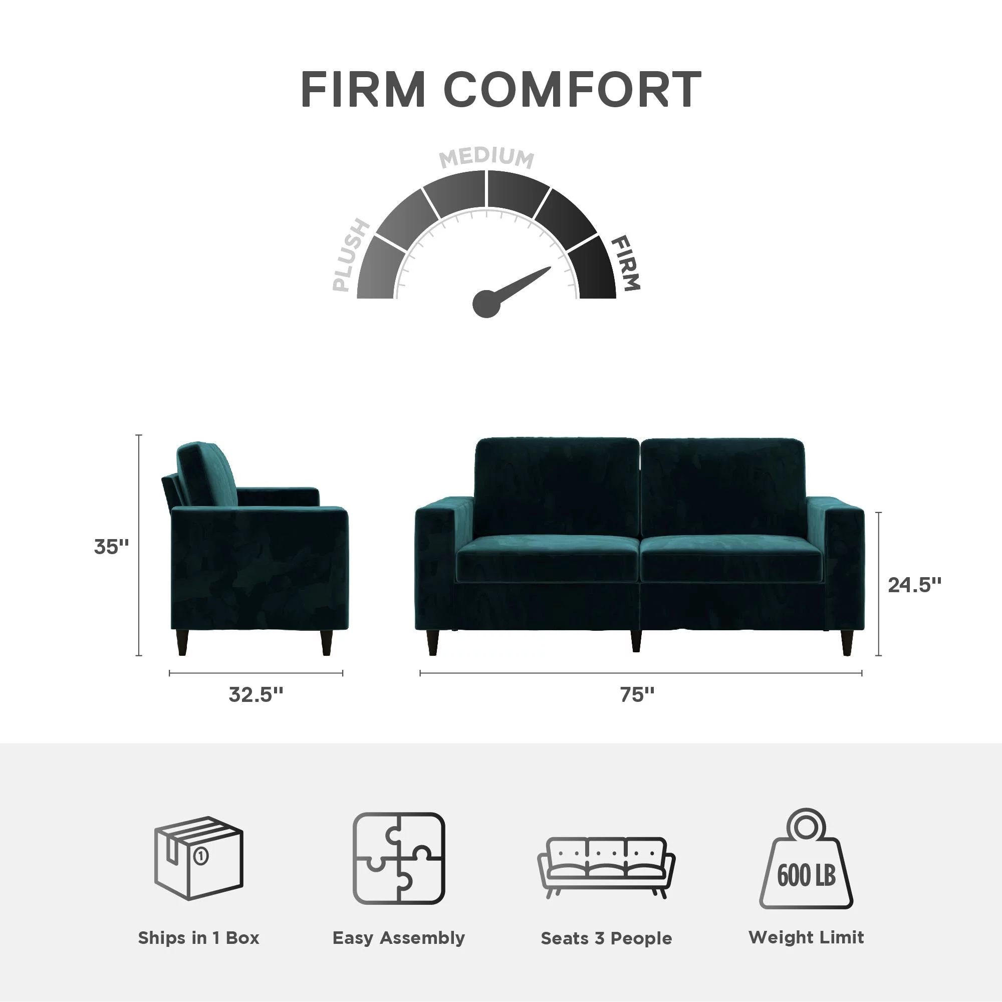 DHP Cooper 3 Seater Sofa, Green Velvet