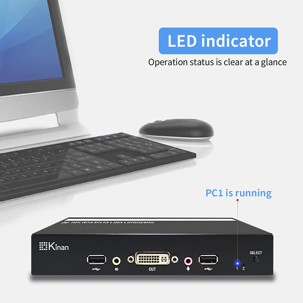 2 Port DVI KVM Switch with Cables,USB2.0 DVI KVM Switches for 2 Computers Share 1 Keyboard,Mouse,Monitor,Printer,USB Powered,1920 x 1200@60Hz