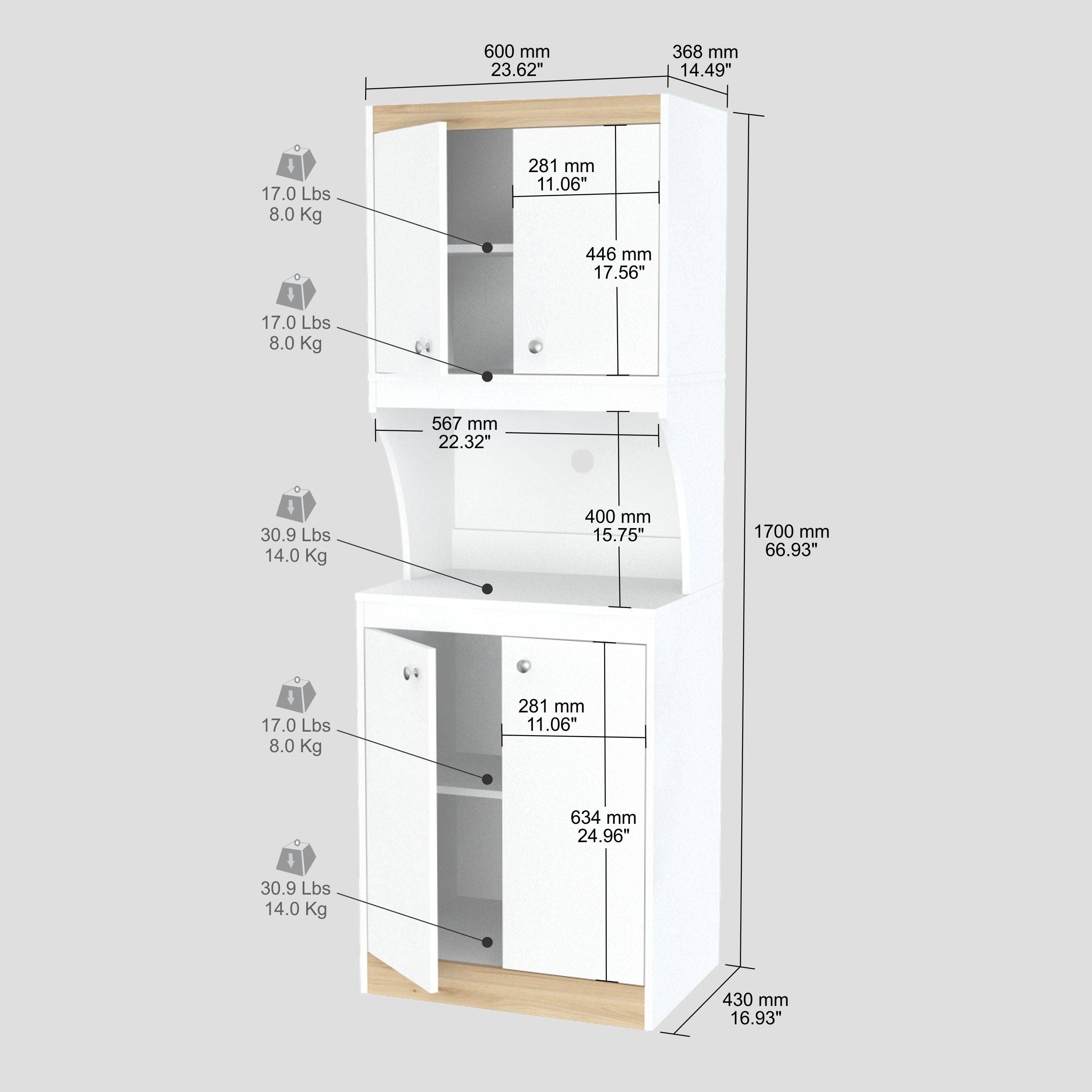 Inval Galley Kitchen/Microwave 4-Door Storage Cabinet, White u0026 Vienes Oak