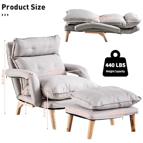 Linen Accent Chair with Ottoman, Adjustable Lounge Chair with Footstool and Soft Cushion, Leisure Sofa Armchair with Wooden Legs