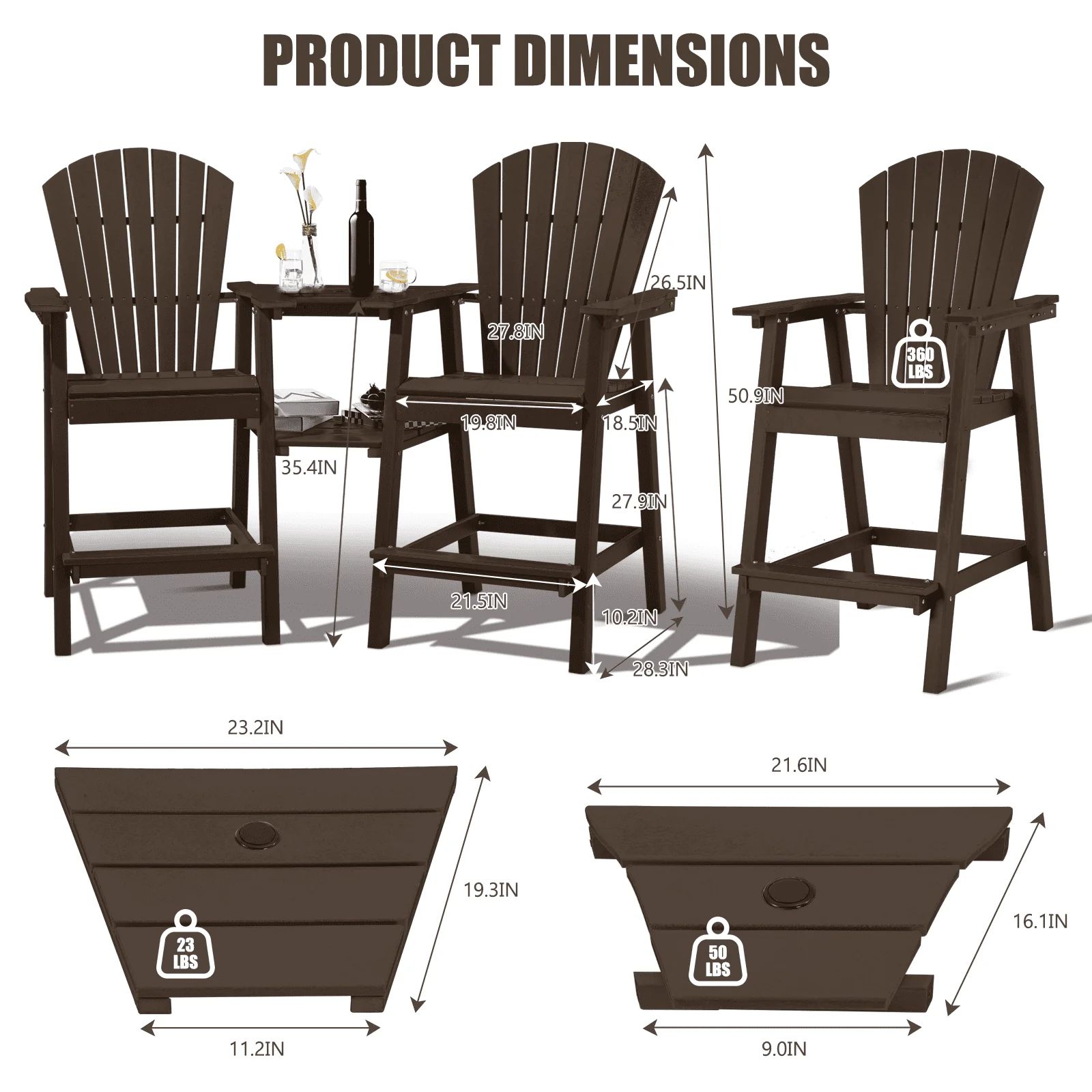 Tall Adirondack Chairs Set of 2 .Outdoor Adirondack Barstools with Double Connecting Tray Patio Stools Weather Resistant for Outdoor Deck Lawn Pool