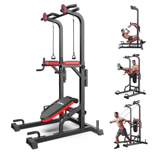 Pooboo Power Tower Dip Station Pull Up Bar for Fitness Home Gym Workout,Multi-Function Adjustable Height Fitness Strength Training Exercise Equipment