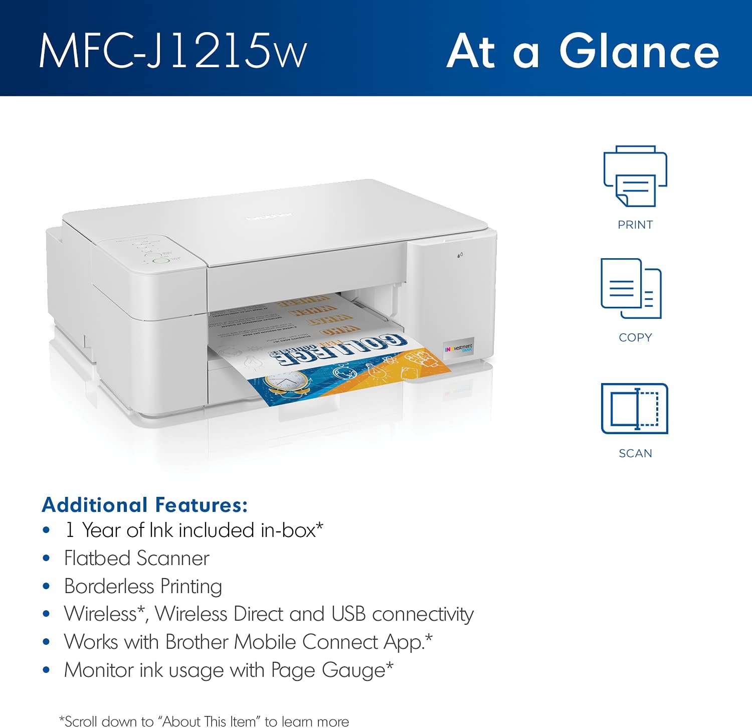 Brother MFC-J1215W INKvestment Tank Wireless All-in-One Color Inkjet Printer for Home Office - Print, Copy, Scan - 16 ppm, 1200 x 600 dpi