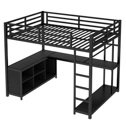 Bellemave Queen Size loft Bed with L Desk, Wardrobe, Metal Queen Loft Bed Frame for Adults, Kids, Teens, Black