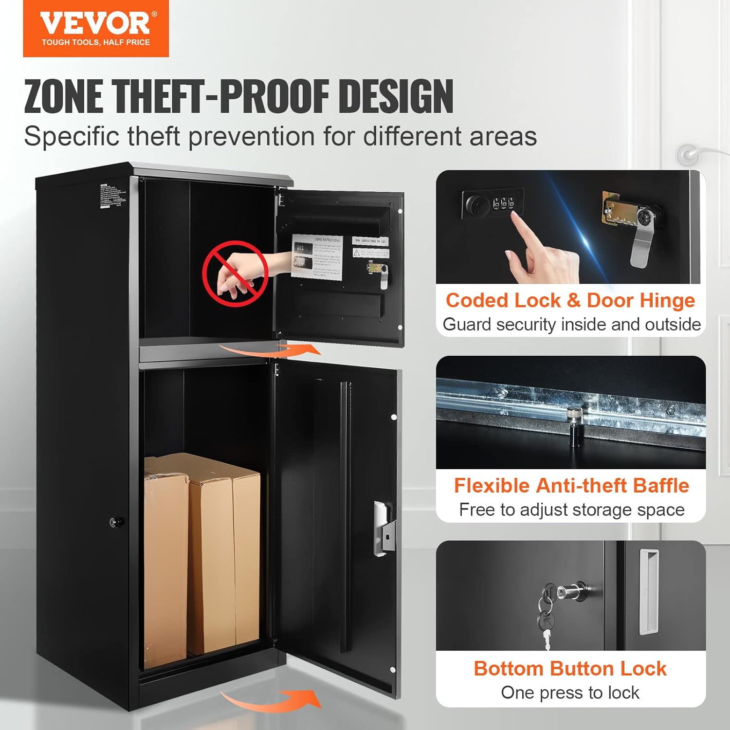 VEVOR Package Delivery Boxes for Outside 16.2"x15.8"x44", Galvanized Steel Package Delivery Box with Coded Lock, Removable Anti-theft Baffle