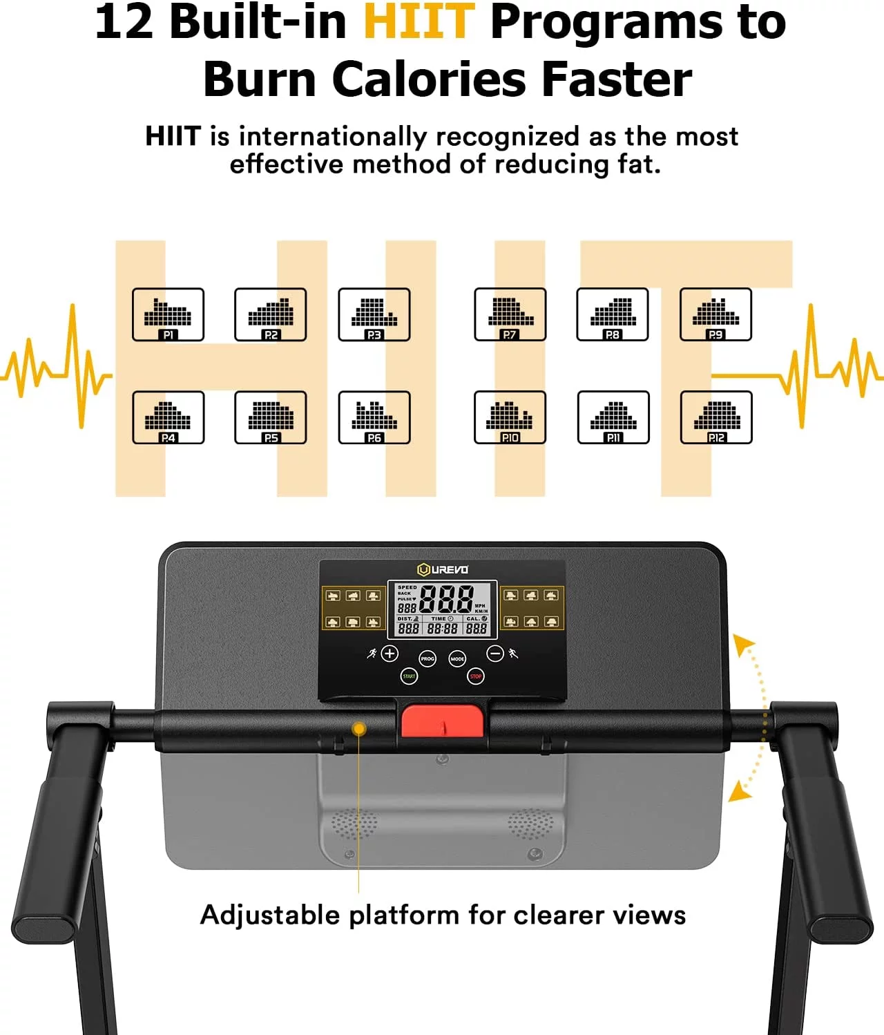 UREVO Folding Treadmill, 2.25HP Portable Mini Treadmills for Home Office, Compact Threadmill with 12 HIIT Modes, LCD Display, 265 lbs Capacity