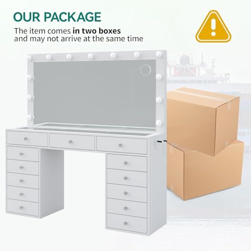 55" W Vanity Desk, Makeup Vanity with Charging Station, 15 Drawers with Lighted Mirror, 3 Lighting Modes, Brightness Adjustable, Glass Top