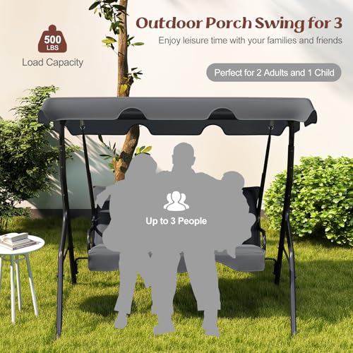 Tangkula 3 Person Porch Swing, Patio with Removable Cushion & Powder-Coated Steel Frame, Outdoor Swing with Canopy for Porch, Backyard, Garden