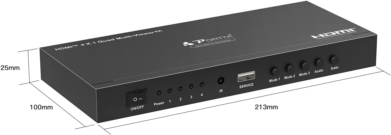 HDMI Multiviewer Switch 4x1,PORTTA HDMI Quad Multi-Viewer Seamless Switcher 4 in 1 Out with Loop, Audio Extractor to Stereo,4K