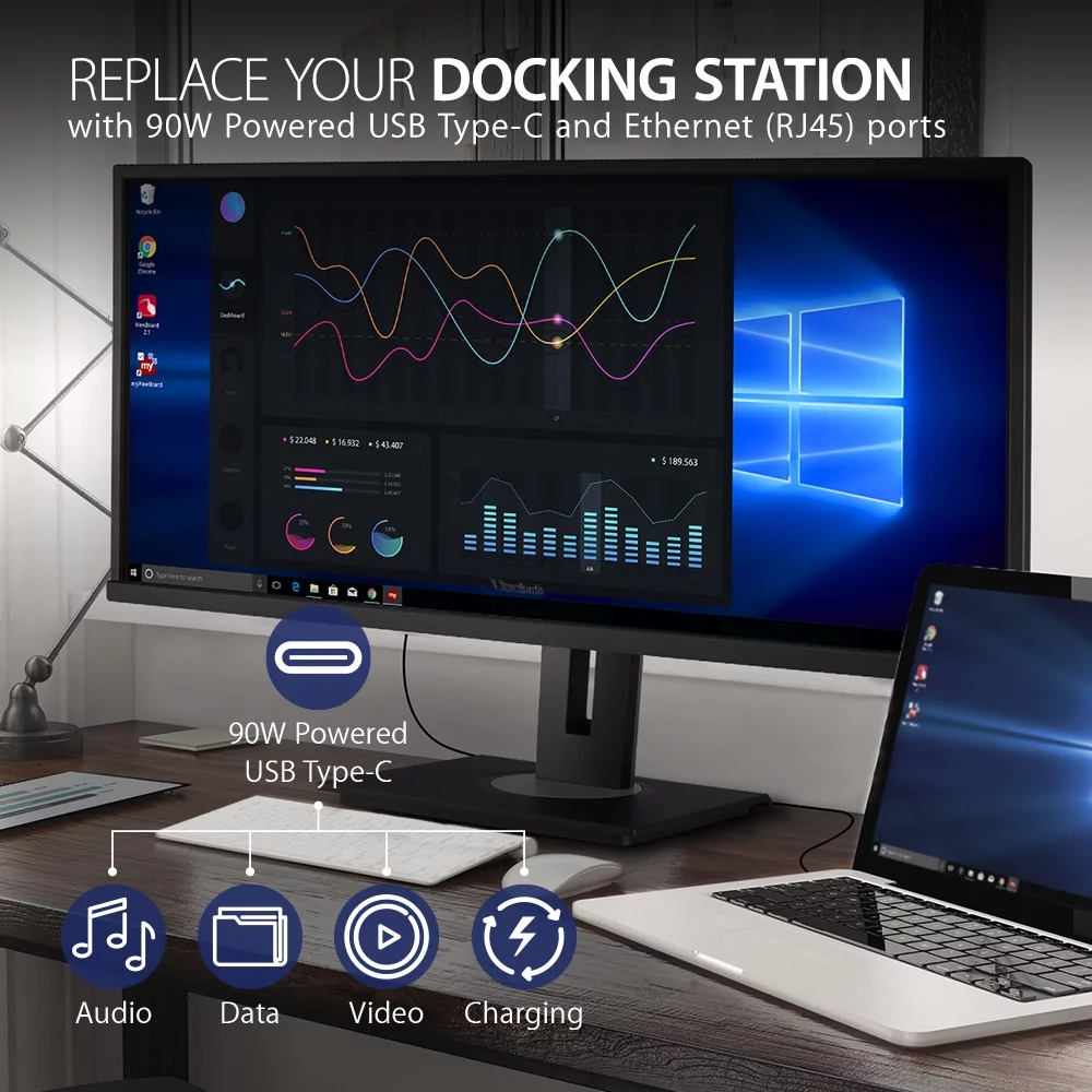 ViewSonic VG3456 34 Inch 21:9 UltraWide WQHD 1440p Monitor with Ergonomics Design USB Type C Docking Built-In Gigabit Ethernet for Home and Office