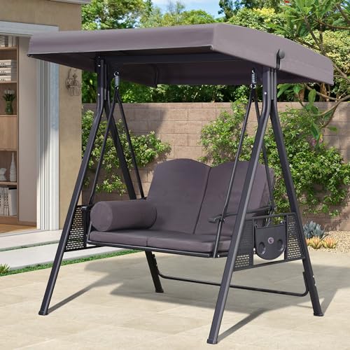 PURPLE LEAF Outdoor Patio Porch Swing with Adjustable PVC Canopy, 3-seat Swing Chair Bench with Side Cup Holder for Backyard Front Porch Lawn
