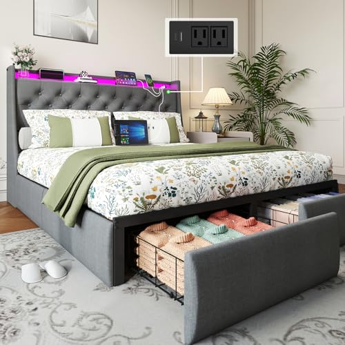 Queen Bed Frame with 2 Storage Drawers, Platform Bed Frame Queen Size with LED Light, Upholstered Headboard, Charging Station, Steel Slat Support