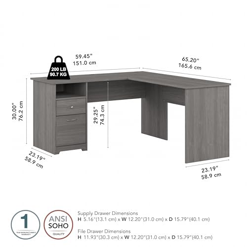 Bush Furniture Cabot L Shaped Computer Desk with Drawers, 60W, Modern Gray