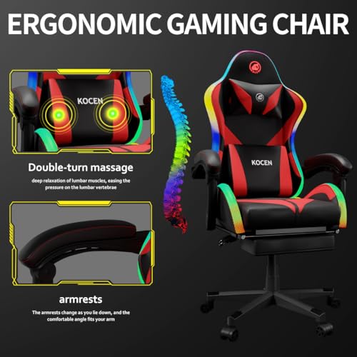 Gaming Chairs for Adults Tall and Kids，Lumbar Support,LED Lights，High Back Reclining Computer Chair with Headrest (Black+Blue)