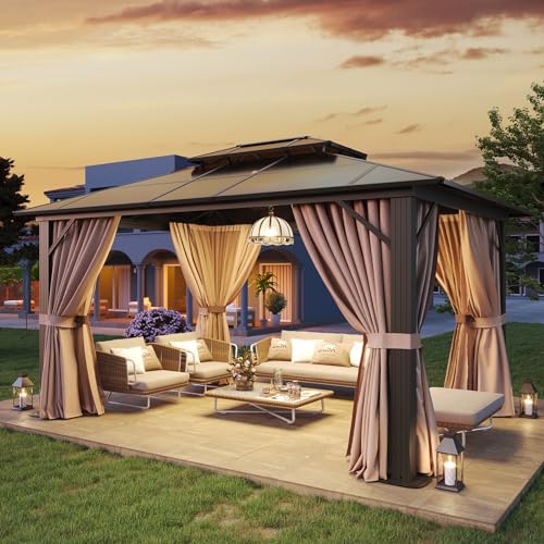 Aoxun 12'x10' Hardtop Gazebo, Aluminum Frame Permanent Pavilion with Curtains and Netting, Outdoor Polycarbonate Double Roof Canopy