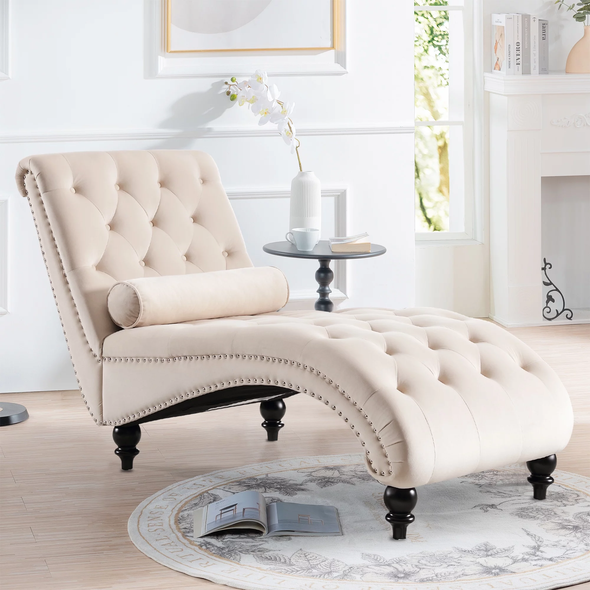 KINFFICT Velvet Chaise Lounge Indoor, Tufted lounge chair with Wood Legs, Leisure Accent Chair Upholstered Lounge Couch for Bedrooom Living Room