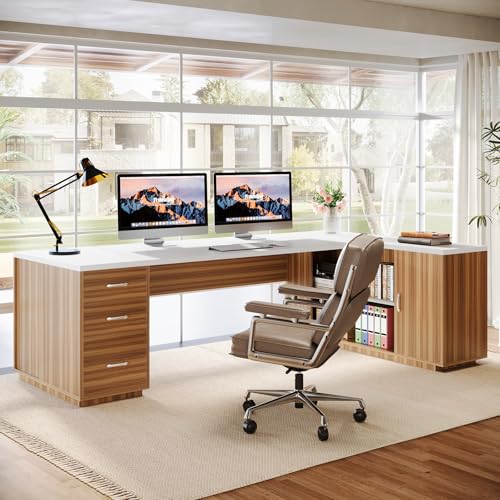 Tribesigns 85.8-Inch L-Shaped Executive Desk with File Drawers, Door Cabinet & Shelves, Extra Large Commercial Office Desk