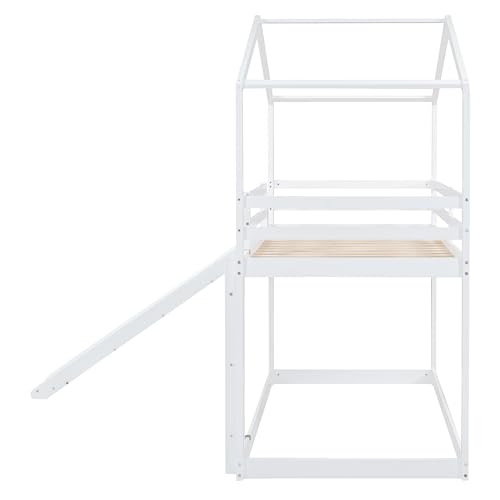Kids Twin Over Twin Bunk Beds with Slide and Trundle, Solid Wood Bunk Bed Frame with Stairs and Storage