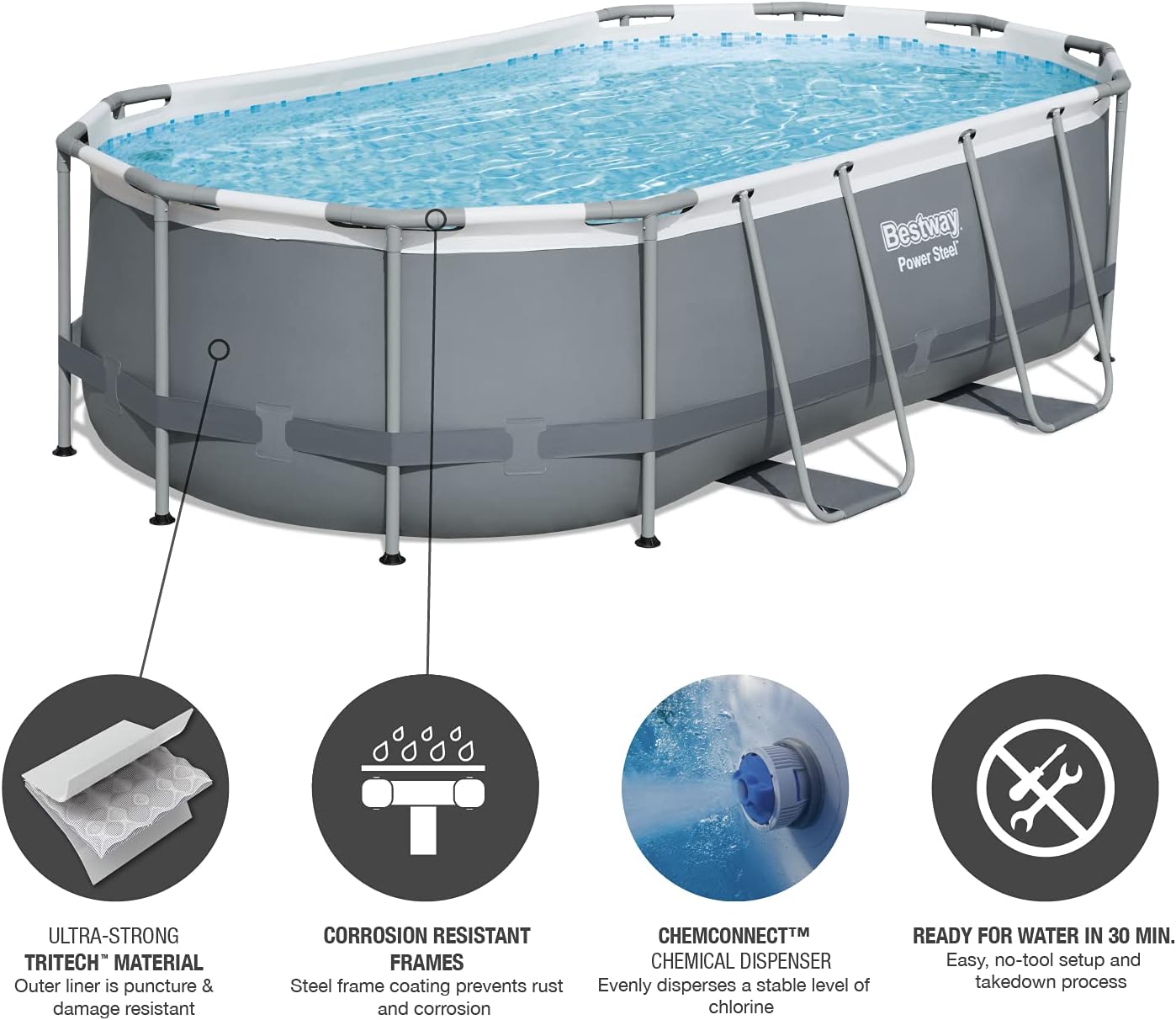 Bestway 56711E Power Steel 18' x 9' x 48 Outdoor Oval Frame Above Ground Swimming Pool Set with 1500 GPH Cartridge Filter Pump, Cover, & Ladder, Gray