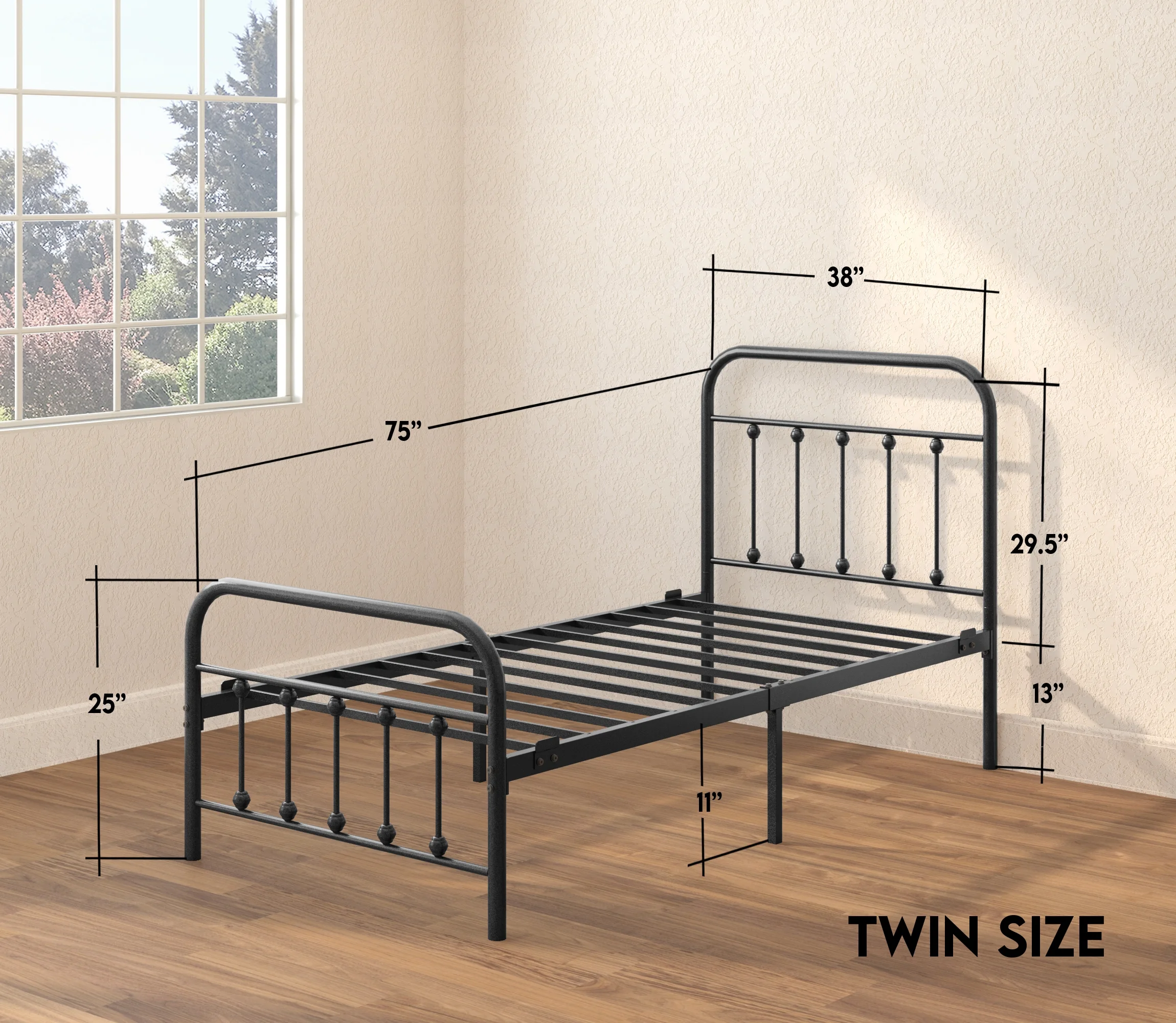 CastleBeds Vintage Twin Metal Bed Frame with Headboard and Footboard – Platform | Wrought Iron | Heavy Duty | Solid Sturdy Metal Slat | Black | No