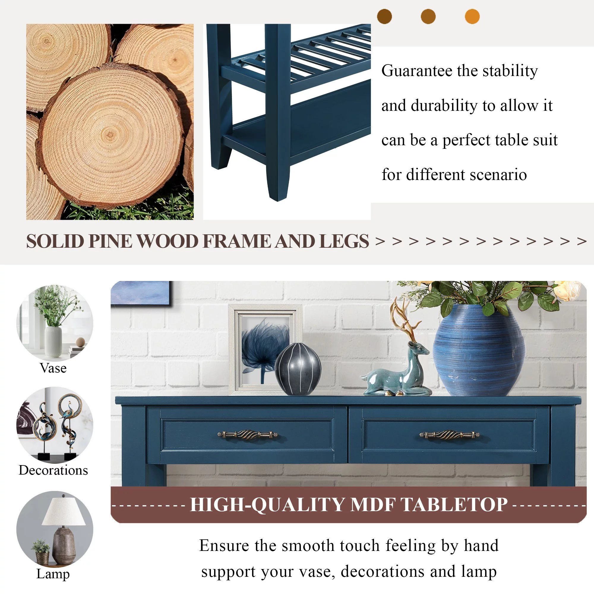 Console Sofa Table with 2 Storage Drawers and 2 Tiers Shelves