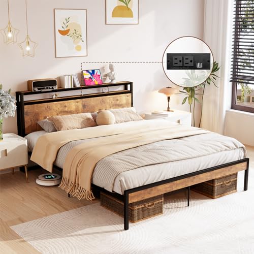 Queen Size Bed Frame with 4 Storage Drawers, LED Platform Bed with Headboard, Built in Charging Station, Noise Free, Stable and Solid